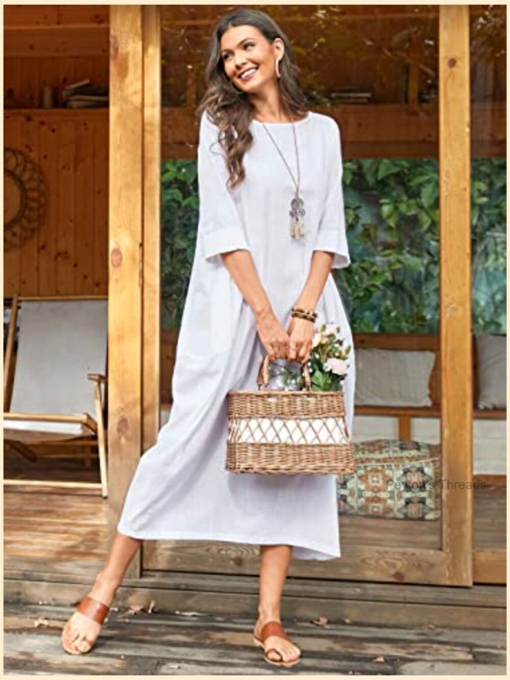 100% Cotton Oversized Loose Maxi Dress with Pockets 3/4 Sleeve - Picture 2 of 7